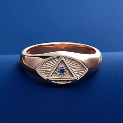 Кольцо с масонской символикой из красного золота с сапфиром (Вес 8 гр.)
